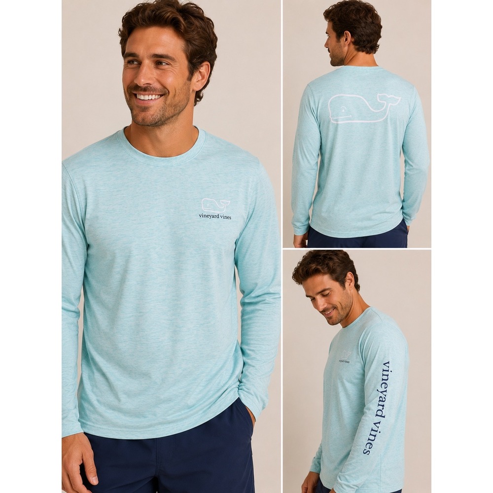 Vineyard Vines Performance Long Sleeve Shirt Mens Medium Aqua Blue Heather Whale